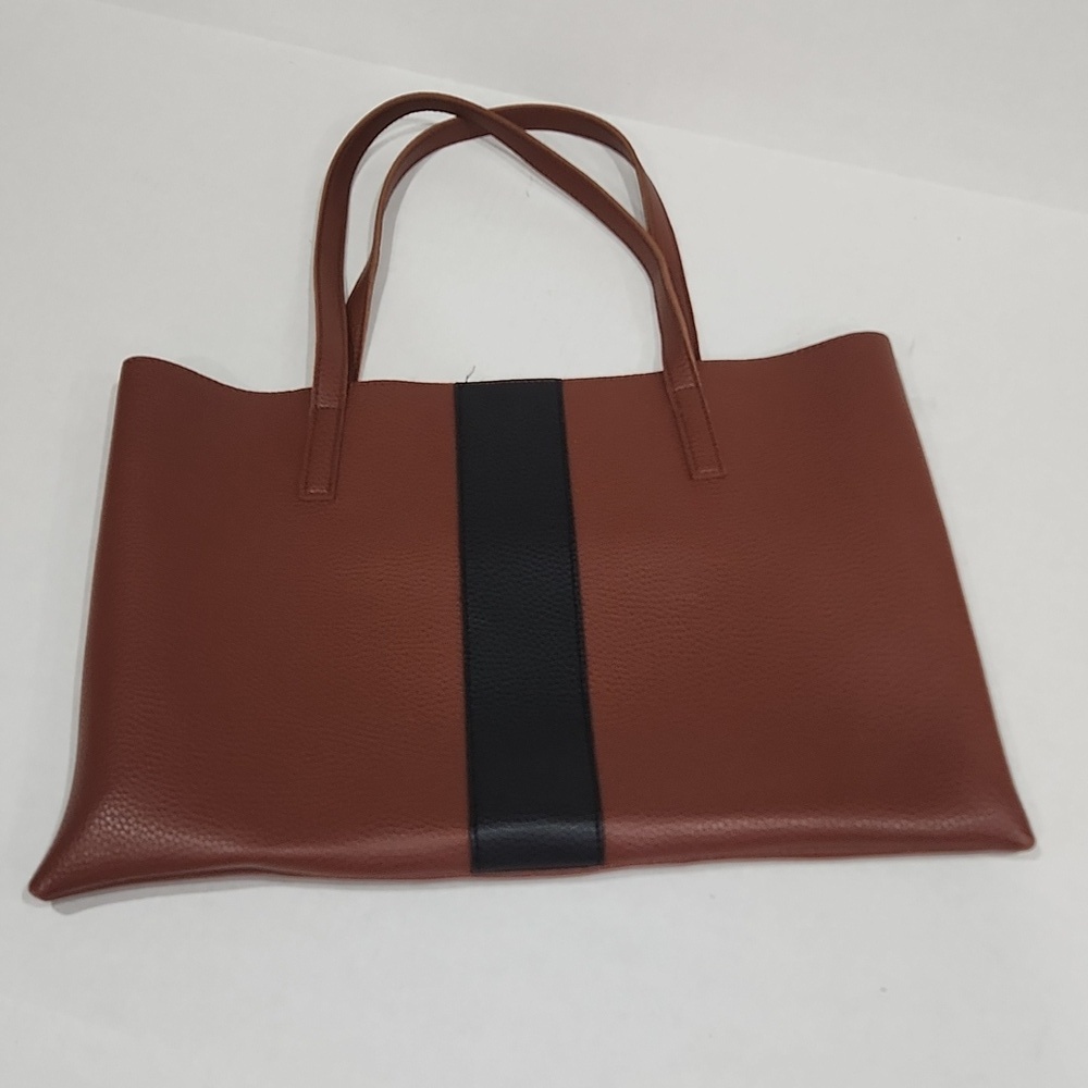 Vince Camuto Luck Brown/Black Stripe Pebbled Lthr 2 Handles Open Tote Laptop Bag